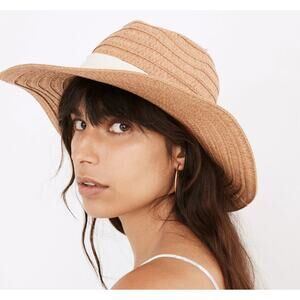 Madewell Tan Straw Packable Wide Brim Hat S/M Warm Nutmeg with White Band